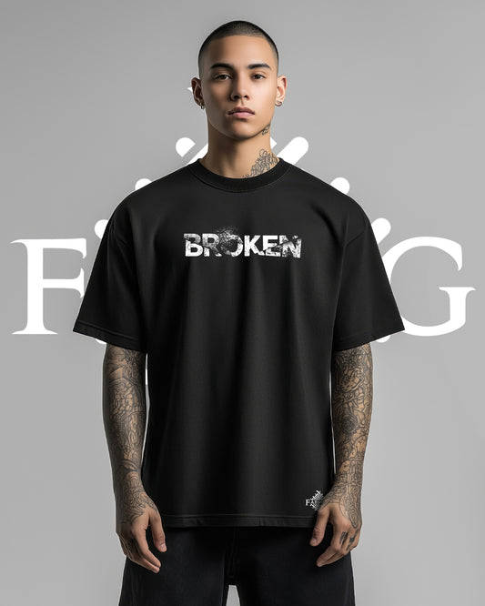 Drop Shoulder Broken Print Black T-Shirt